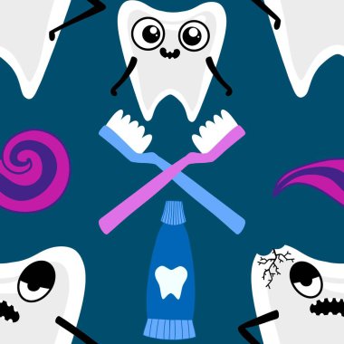 Kağıt, kumaş, çarşaf, çocuk giysisi baskısı, doktor aksesuarları ve eczane ambalajları için tıbbî ve kusursuz diş deseni. Yüksek kalite fotoğraf