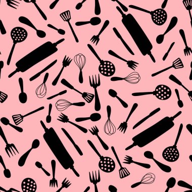 Mutfak aletleri kağıt, kumaş, giysi baskısı, tekstil ve mağaza ambalajları için dikişsiz çatal ve kaşık deseni. Yüksek kalite fotoğraf