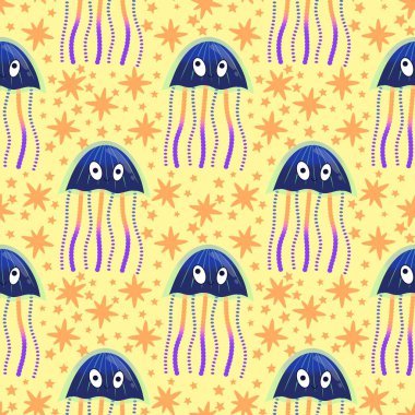 Deniz hayvanları, ambalaj kağıdı, kumaş, çarşaf ve çocuk giysisi baskısı ve yaz partisi aksesuarları için kusursuz okyanus deniz anası deseni. Yüksek kalite fotoğraf