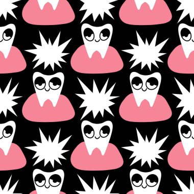 Kağıt, kumaş, çarşaf, çocuk giysisi baskısı, doktor aksesuarları ve eczane ambalajları için tıbbî ve kusursuz diş deseni. Yüksek kalite fotoğraf