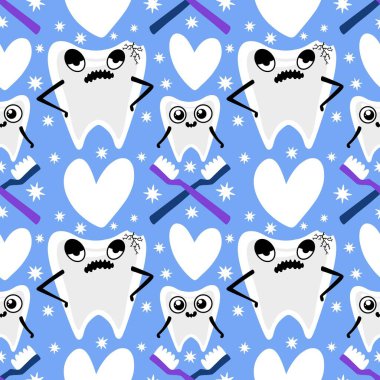 Kağıt, kumaş, çarşaf, çocuk giysisi baskısı, doktor aksesuarları ve eczane ambalajları için tıbbî ve kusursuz diş deseni. Yüksek kalite fotoğraf