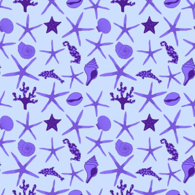 Okyanus hayvanları, ambalajsız deniz yıldızı desenli ambalajlar, kumaşlar ve çocuk giysileri baskısı ve yaz partisi aksesuarları ve mayo tekstili. Yüksek kalite fotoğraf