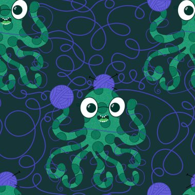 Çizgi film deniz hayvanları, dikişsiz ahtapot, hobi aksesuarları için örgü deseni ve çocuk giysileri baskısı ve dikiş malzemeleri. Yüksek kalite fotoğraf