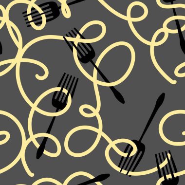 Çizgi film çatalı ve makarna ambalaj kağıdı, kumaş ve çocuk giysileri baskısı, menü ve paketleme için kusursuz desen. Yüksek kalite fotoğraf