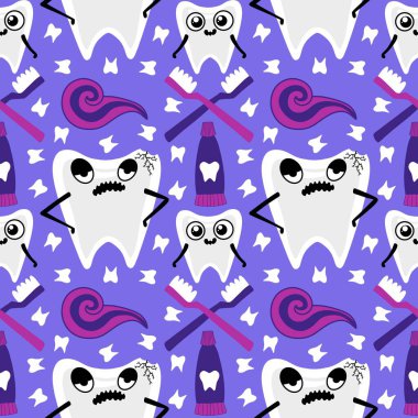 Kağıt, kumaş, çarşaf, çocuk giysisi baskısı, doktor aksesuarları ve eczane ambalajları için tıbbî ve kusursuz diş deseni. Yüksek kalite fotoğraf