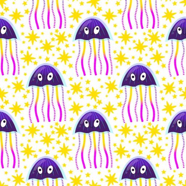 Deniz hayvanları, ambalaj kağıdı, kumaş, çarşaf ve çocuk giysisi baskısı ve yaz partisi aksesuarları için kusursuz okyanus deniz anası deseni. Yüksek kalite fotoğraf