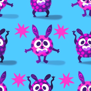 Çizgi filmlerdeki hayvanlar çocuk için kusursuz canavar desenleri giysi baskısı, kumaş, kumaş ve yaz partisi aksesuarları ve moda tekstili.