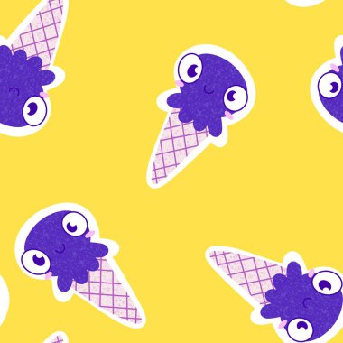 Yaz okyanusundaki hayvanlar dikişsiz ahtapot ve kağıt, kumaş ve çocuk giysileri ve parti aksesuarları için dondurma deseni. Yüksek kaliteli illüstrasyon