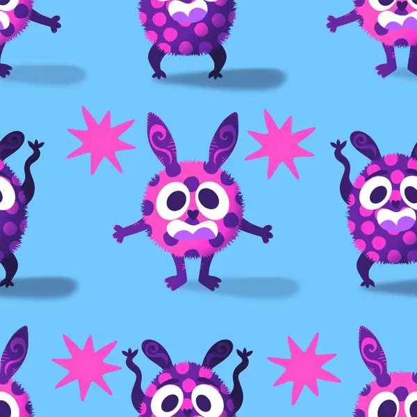 Çizgi filmlerdeki hayvanlar çocuk için kusursuz canavar desenleri giysi baskısı, kumaş, kumaş ve yaz partisi aksesuarları ve moda tekstili.