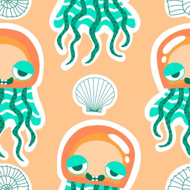 Yaz okyanus hayvanları, ambalajsız denizanası desenli ambalaj kağıtları, kumaşlar, çarşaflar, çocuk giysileri ve parti aksesuarları için. Yüksek kaliteli illüstrasyon
