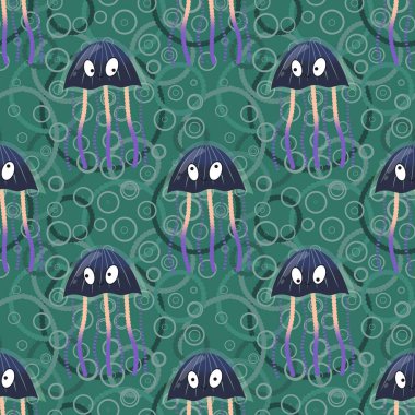 Deniz hayvanları, ambalaj kağıdı, kumaş, çarşaf ve çocuk giysisi baskısı ve yaz partisi aksesuarları için kusursuz okyanus deniz anası deseni. Yüksek kalite fotoğraf