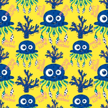 Yaz okyanus hayvanları, ambalajsız denizanası desenli ambalaj kağıtları, kumaşlar, çarşaflar, çocuk giysileri ve parti aksesuarları için. Yüksek kaliteli illüstrasyon