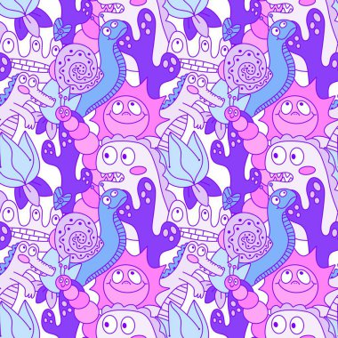 Çizgi filmlerdeki hayvanlar çocuk için kusursuz canavar desenleri giysi baskısı, kumaş, kumaş ve yaz partisi aksesuarları ve moda tekstili.