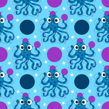 Çizgi film deniz hayvanları, dikişsiz ahtapot, hobi aksesuarları için örgü deseni ve çocuk giysileri baskısı ve dikiş malzemeleri. Yüksek kalite fotoğraf