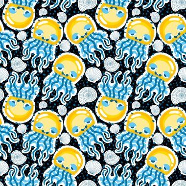 Yaz okyanus hayvanları, ambalajsız denizanası desenli ambalaj kağıtları, kumaşlar, çarşaflar, çocuk giysileri ve parti aksesuarları için. Yüksek kaliteli illüstrasyon