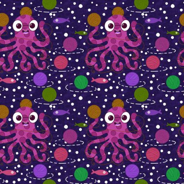 Çizgi film deniz hayvanları, dikişsiz ahtapot, hobi aksesuarları için örgü deseni ve çocuk giysileri baskısı ve dikiş malzemeleri. Yüksek kalite fotoğraf