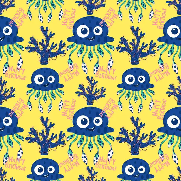 Yaz okyanus hayvanları, ambalajsız denizanası desenli ambalaj kağıtları, kumaşlar, çarşaflar, çocuk giysileri ve parti aksesuarları için. Yüksek kaliteli illüstrasyon
