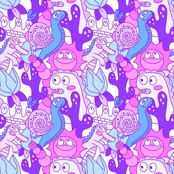 Çizgi filmlerdeki hayvanlar çocuk için kusursuz canavar desenleri giysi baskısı, kumaş, kumaş ve yaz partisi aksesuarları ve moda tekstili.