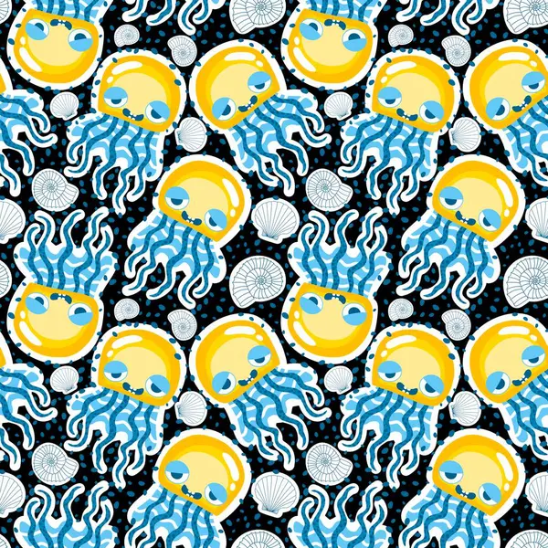 Yaz okyanus hayvanları, ambalajsız denizanası desenli ambalaj kağıtları, kumaşlar, çarşaflar, çocuk giysileri ve parti aksesuarları için. Yüksek kaliteli illüstrasyon