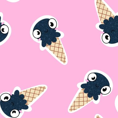 Yaz okyanusundaki hayvanlar dikişsiz ahtapot ve kağıt, kumaş ve çocuk giysileri ve parti aksesuarları için dondurma deseni. Yüksek kaliteli illüstrasyon