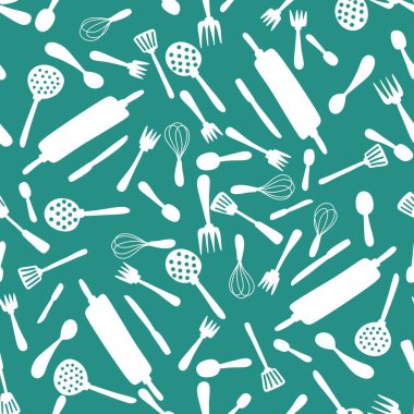 Mutfak aletleri kağıt, kumaş, giysi baskısı, tekstil ve mağaza ambalajları için dikişsiz çatal ve kaşık deseni. Yüksek kalite fotoğraf