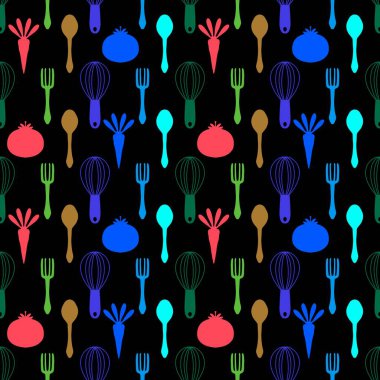 Mutfak aletleri kağıt, kumaş, giysi baskısı, tekstil ve mağaza ambalajları için dikişsiz çatal ve kaşık deseni. Yüksek kalite fotoğraf