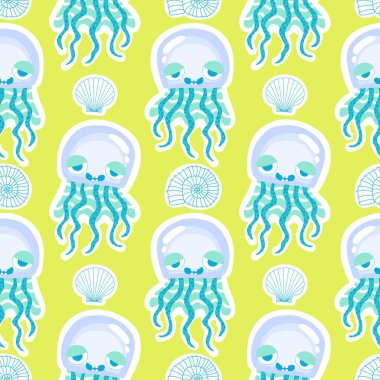 Yaz okyanus hayvanları, ambalajsız denizanası desenli ambalaj kağıtları, kumaşlar, çarşaflar, çocuk giysileri ve parti aksesuarları için. Yüksek kaliteli illüstrasyon