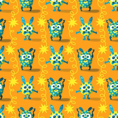 Çizgi filmlerdeki hayvanlar çocuk için kusursuz canavar desenleri giysi baskısı, kumaş, kumaş ve yaz partisi aksesuarları ve moda tekstili.