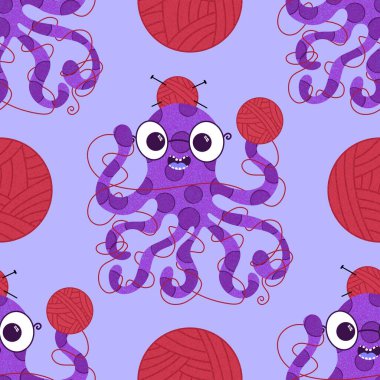 Çizgi film deniz hayvanları, dikişsiz ahtapot, hobi aksesuarları için örgü deseni ve çocuk giysileri baskısı ve dikiş malzemeleri. Yüksek kalite fotoğraf