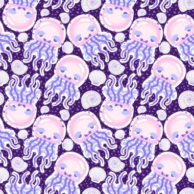 Yaz okyanus hayvanları, ambalajsız denizanası desenli ambalaj kağıtları, kumaşlar, çarşaflar, çocuk giysileri ve parti aksesuarları için. Yüksek kaliteli illüstrasyon