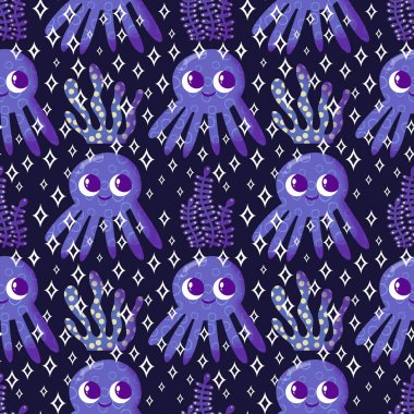 Yaz okyanusu hayvanları çocuk için kusursuz şirin ahtapot deseni kumaşlar ve moda tekstil ürünleri ve parti aksesuarları için kıyafet baskısı ve ambalaj kağıdı.