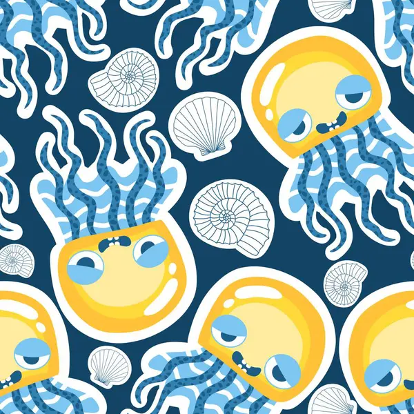 Yaz okyanus hayvanları, ambalajsız denizanası desenli ambalaj kağıtları, kumaşlar, çarşaflar, çocuk giysileri ve parti aksesuarları için. Yüksek kaliteli illüstrasyon
