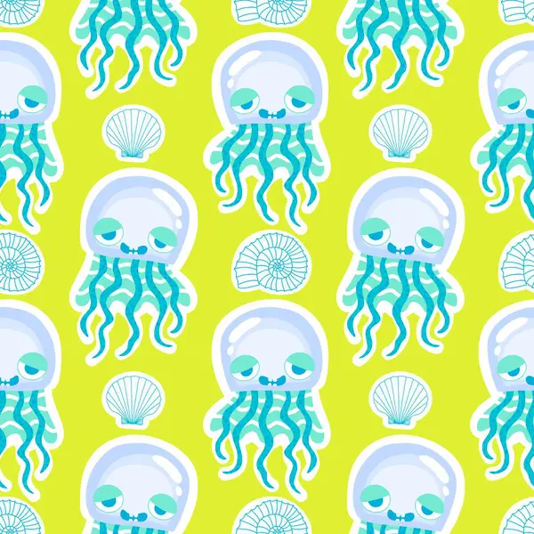 Yaz okyanus hayvanları, ambalajsız denizanası desenli ambalaj kağıtları, kumaşlar, çarşaflar, çocuk giysileri ve parti aksesuarları için. Yüksek kaliteli illüstrasyon