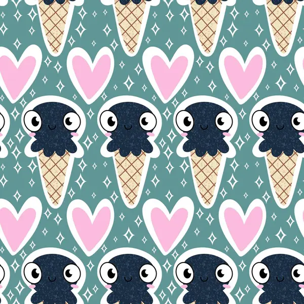 Yaz okyanusundaki hayvanlar dikişsiz ahtapot ve kağıt, kumaş ve çocuk giysileri ve parti aksesuarları için dondurma deseni. Yüksek kaliteli illüstrasyon