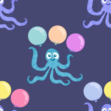Yaz okyanusu hayvanları kağıt, kumaş, çarşaf ve çocuk kıyafetleri ve parti aksesuarları için kusursuz ahtapot desenleri. Yüksek kaliteli illüstrasyon