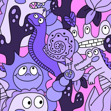 Çizgi filmlerdeki hayvanlar çocuk için kusursuz canavar desenleri giysi baskısı, kumaş, kumaş ve yaz partisi aksesuarları ve moda tekstili.