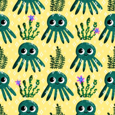Yaz okyanusu hayvanları çocuk için kusursuz şirin ahtapot deseni kumaşlar ve moda tekstil ürünleri ve parti aksesuarları için kıyafet baskısı ve ambalaj kağıdı.