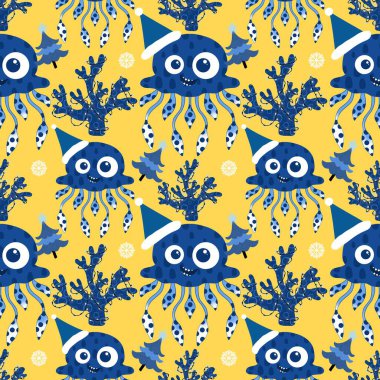 Yaz okyanus hayvanları, ambalajsız denizanası desenli ambalaj kağıtları, kumaşlar, çarşaflar, çocuk giysileri ve parti aksesuarları için. Yüksek kaliteli illüstrasyon