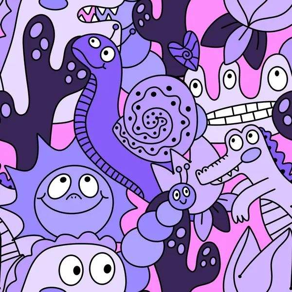 Çizgi filmlerdeki hayvanlar çocuk için kusursuz canavar desenleri giysi baskısı, kumaş, kumaş ve yaz partisi aksesuarları ve moda tekstili.