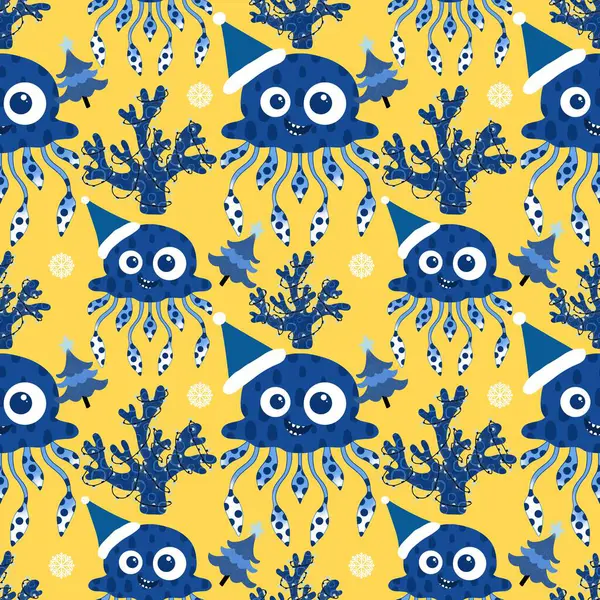 Yaz okyanus hayvanları, ambalajsız denizanası desenli ambalaj kağıtları, kumaşlar, çarşaflar, çocuk giysileri ve parti aksesuarları için. Yüksek kaliteli illüstrasyon
