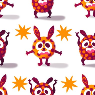 Çizgi filmlerdeki hayvanlar çocuk için kusursuz canavar desenleri giysi baskısı, kumaş, kumaş ve yaz partisi aksesuarları ve moda tekstili.