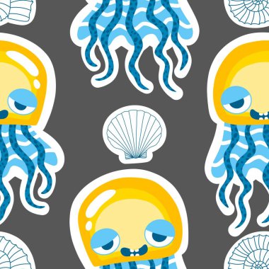 Yaz okyanus hayvanları, ambalajsız denizanası desenli ambalaj kağıtları, kumaşlar, çarşaflar, çocuk giysileri ve parti aksesuarları için. Yüksek kaliteli illüstrasyon