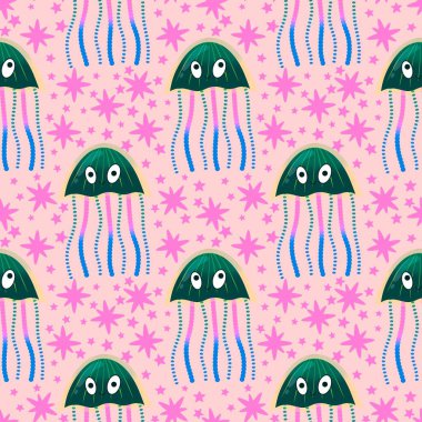 Deniz hayvanları, ambalaj kağıdı, kumaş, çarşaf ve çocuk giysisi baskısı ve yaz partisi aksesuarları için kusursuz okyanus deniz anası deseni. Yüksek kalite fotoğraf