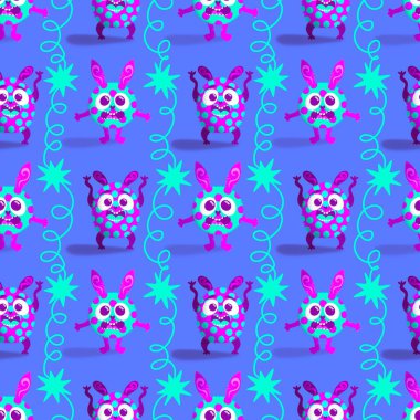 Çizgi filmlerdeki hayvanlar çocuk için kusursuz canavar desenleri giysi baskısı, kumaş, kumaş ve yaz partisi aksesuarları ve moda tekstili.