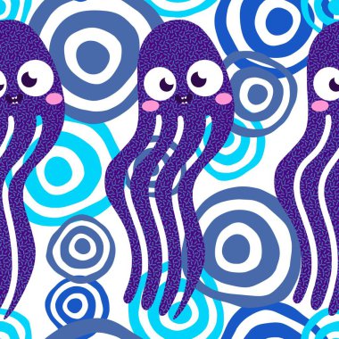 Yaz okyanusu hayvanları kağıt, kumaş, çarşaf ve çocuk kıyafetleri ve parti aksesuarları için kusursuz ahtapot desenleri. Yüksek kaliteli illüstrasyon