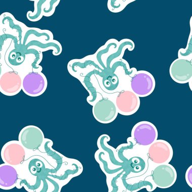 Yaz okyanusu hayvanları kağıt, kumaş, çarşaf ve çocuk kıyafetleri ve parti aksesuarları için kusursuz ahtapot desenleri. Yüksek kaliteli illüstrasyon