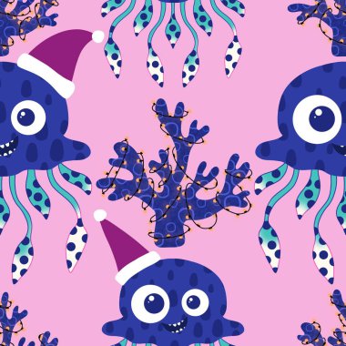 Yaz okyanus hayvanları, ambalajsız denizanası desenli ambalaj kağıtları, kumaşlar, çarşaflar, çocuk giysileri ve parti aksesuarları için. Yüksek kaliteli illüstrasyon