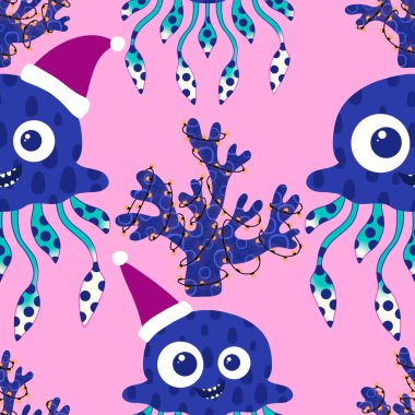 Yaz okyanus hayvanları, ambalajsız denizanası desenli ambalaj kağıtları, kumaşlar, çarşaflar, çocuk giysileri ve parti aksesuarları için. Yüksek kaliteli illüstrasyon