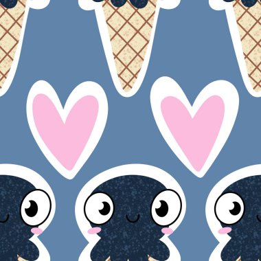 Yaz okyanusundaki hayvanlar dikişsiz ahtapot ve kağıt, kumaş ve çocuk giysileri ve parti aksesuarları için dondurma deseni. Yüksek kaliteli illüstrasyon