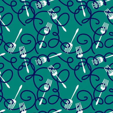 Çizgi film çatalı ve makarna ambalaj kağıdı, kumaş ve çocuk giysileri baskısı, menü ve paketleme için kusursuz desen. Yüksek kalite fotoğraf